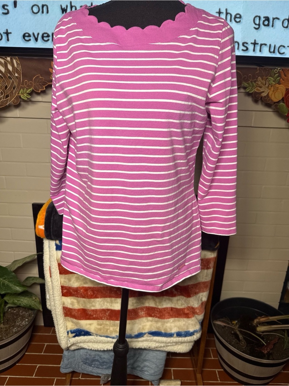 Anne Klein Pink and White Striped Scallop Neck Long Sleeve Top